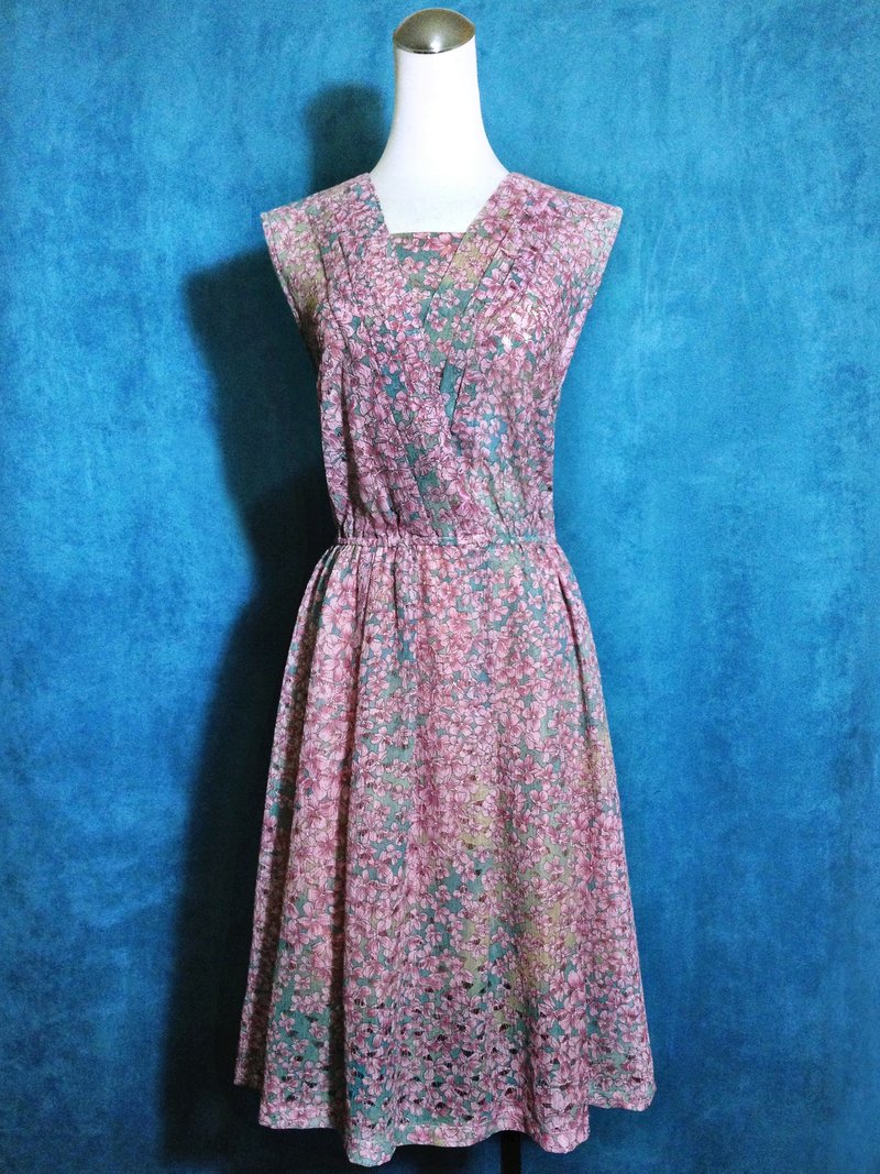 Ping pong ancient [ancient dress / lace pink flowers sleeveless dress] foreign bring back VINTAGE - One Piece Dresses - Polyester Pink