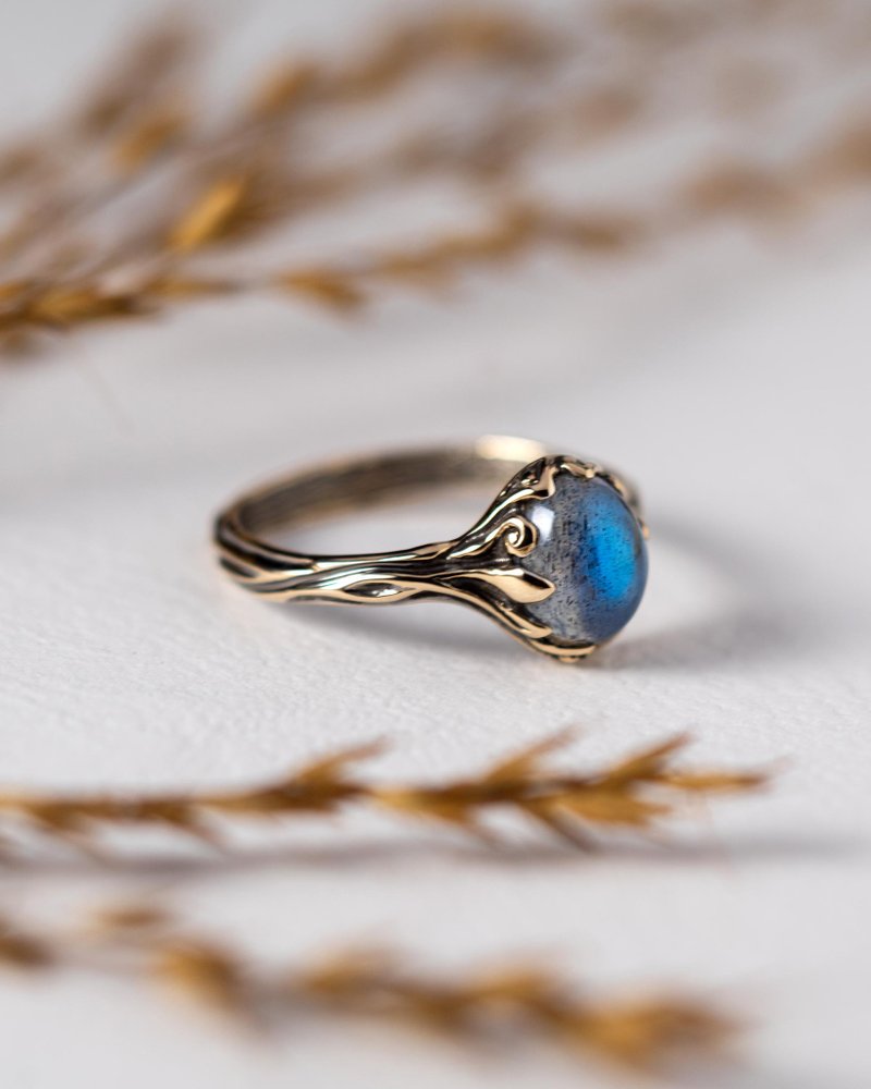 Blue Labradorite 14K black gold ring Anuu | minimalist anniversary gold ring - แหวนทั่วไป - เครื่องเพชรพลอย สีทอง