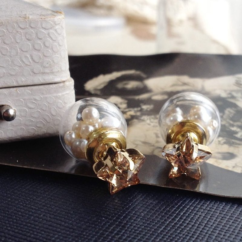 14kgf Swarovski Star and glass ball earrings * Mimihari [ii-474] - Earrings & Clip-ons - Glass Brown