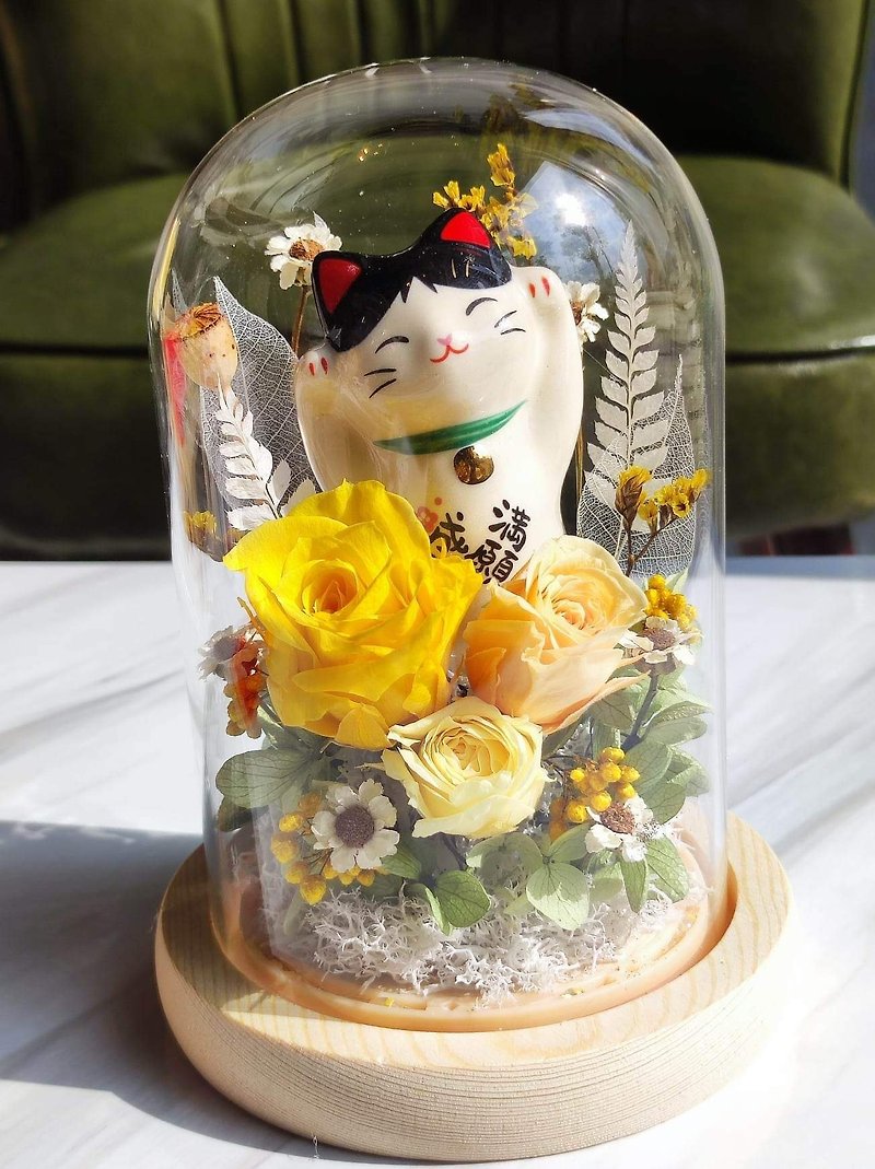 Lucky Cat Dry Preserved Flower Night Light Bell Jar for opening, promotion, housewarming, moving into a house, birthday gift - Items for Display - Glass Red