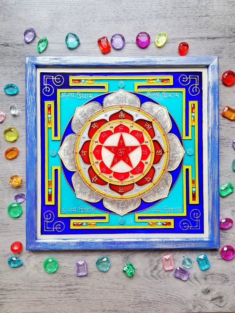 Shri MahaMrityunjaya Yantra手绘湿婆神吠陀占星术Vastu Jyotish - 壁貼/牆壁裝飾 - 玻璃 藍色