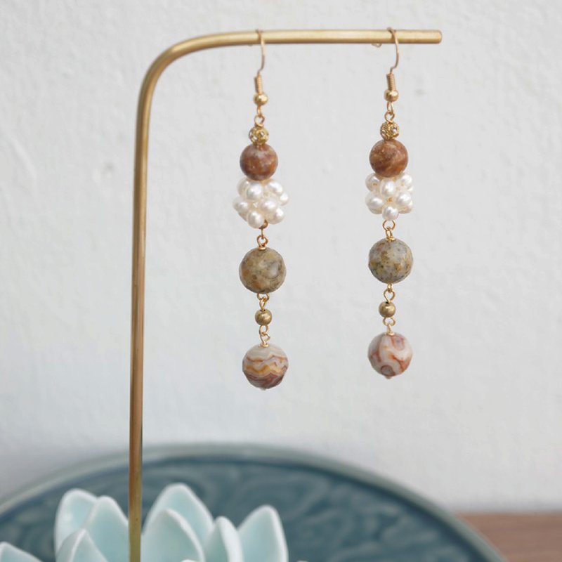 【Fast Shipping】【Linen Cordyceps】Freshwater Pearl Crazy Pattern Agate Dangle Ear Hooks - Earrings & Clip-ons - Pearl Brown