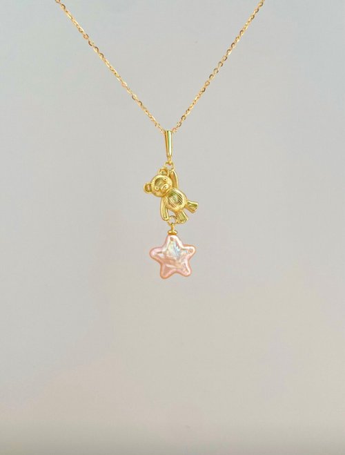 YuanPearl園珍手作 YuanPearl天然極光橙粉巴洛剋星星珍珠吊墜小熊純銀項鍊通勤百搭