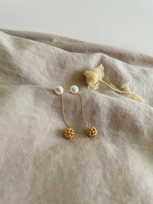 Pearlnini-珍珠尼尼 珍珠耳環 珍珠金球耳鍊 天然淡水珍珠 耳針 耳鍊可拆式
