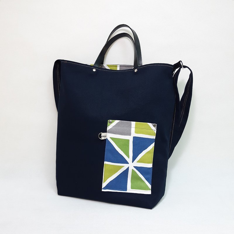 Triangle Blue Green Canvas Double Bread / Wen Qing Bao / Handbag / Shoulder Bag - Messenger Bags & Sling Bags - Cotton & Hemp Blue