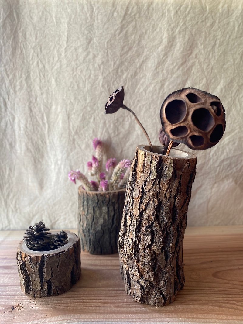 樹皮と長木の花瓶のシュリンクポットシリーズ - 花瓶・植木鉢 - 木製 