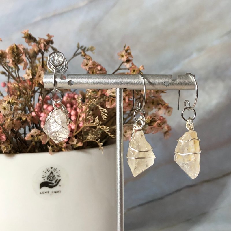 Crystal raw ore handmade earrings painless Clip-On medical steel earrings - ต่างหู - สแตนเลส ขาว