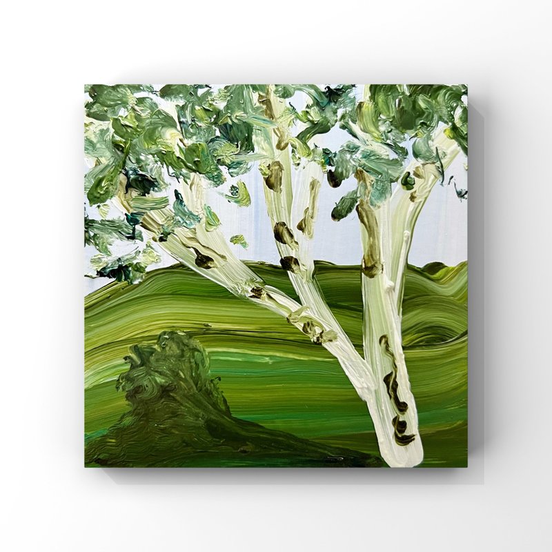 Birch painting original art small birch tree oil painting greenery wall decor - 海報/掛畫/掛布 - 其他材質 卡其色