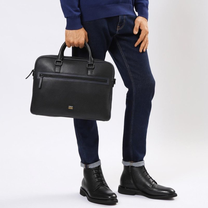 CERRUTI 1881 限量2折 義大利頂級小牛皮公事包 全新專櫃展示品 - 側背包/斜背包 - 真皮 黑色
