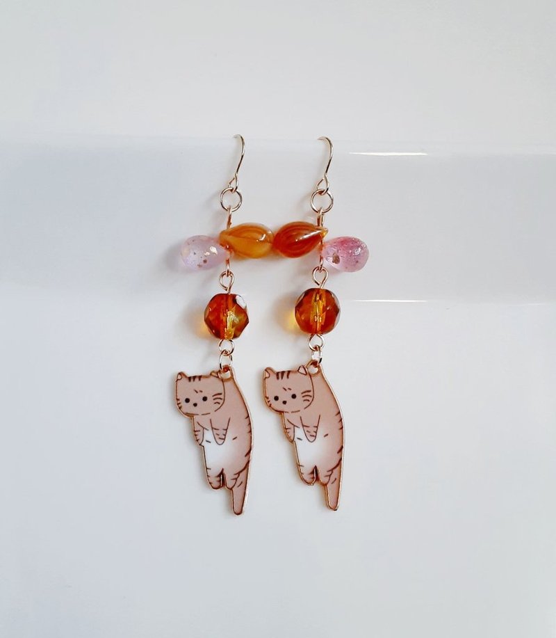 Cute earrings with teardrop beads and dangling cats. Brown tabby cat earrings. Birthday gift. Cute cat bead. Stylish earrings. Hypoallergenic earrings or Clip-On can be changed. - Earrings & Clip-ons - Glass Brown