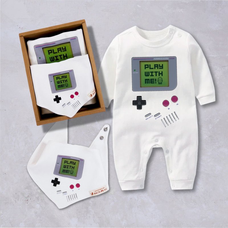 GameBaby遊戲寶寶領巾口水巾長袖連身衣-新生兒禮盒 - 包屁衣/連身衣 - 棉．麻 白色