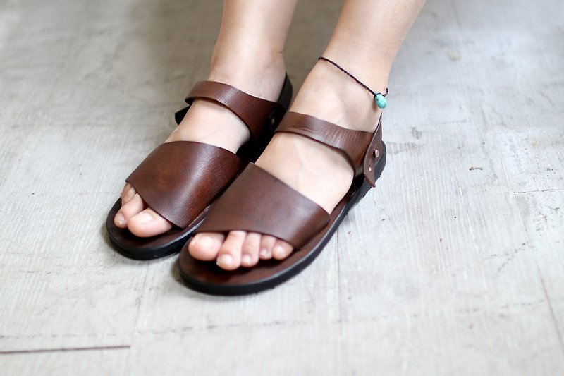 Pre-order _OMAKE full leather sandals slippers - รองเท้าแตะ - ผ้าฝ้าย/ผ้าลินิน สีนำ้ตาล