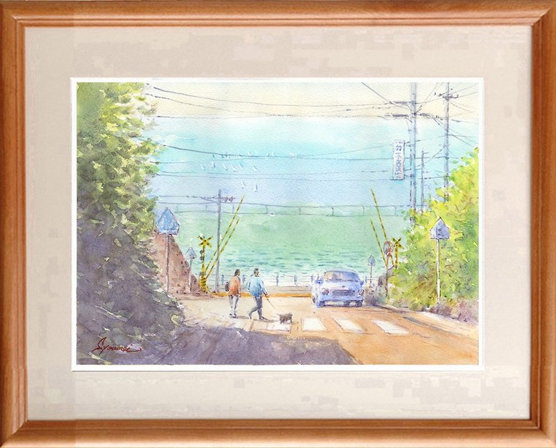 Original watercolor painting Shonan Sea / Kamakura High School Railroad Crossing - Posters - Paper Blue