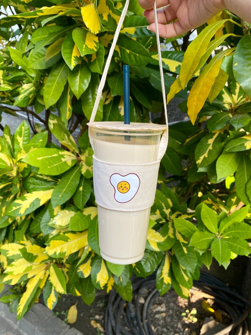 插畫飲料提袋 | 半熟蛋一顆 - 飲料提袋/杯套/杯袋 - 棉．麻 白色