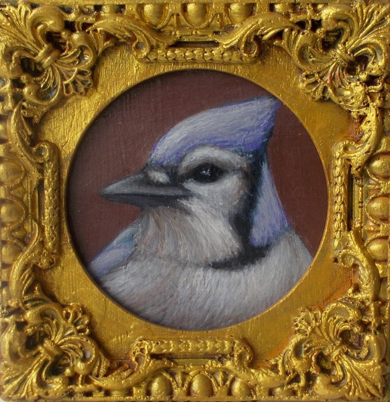 Blue jay bird painting framed Gift idea Mini art Vintage style Ready to hang - Wall Décor - Other Materials Multicolor