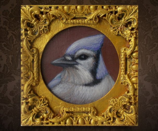 ブルージェイの鳥の絵画 額入り ギフトアイデア ミニアート