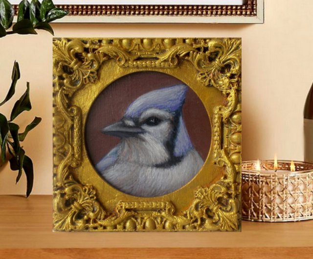 ブルージェイの鳥の絵画 額入り ギフトアイデア ミニアート ブルージェイの鳥の絵画 額入り ギフトアイデア ミニアート