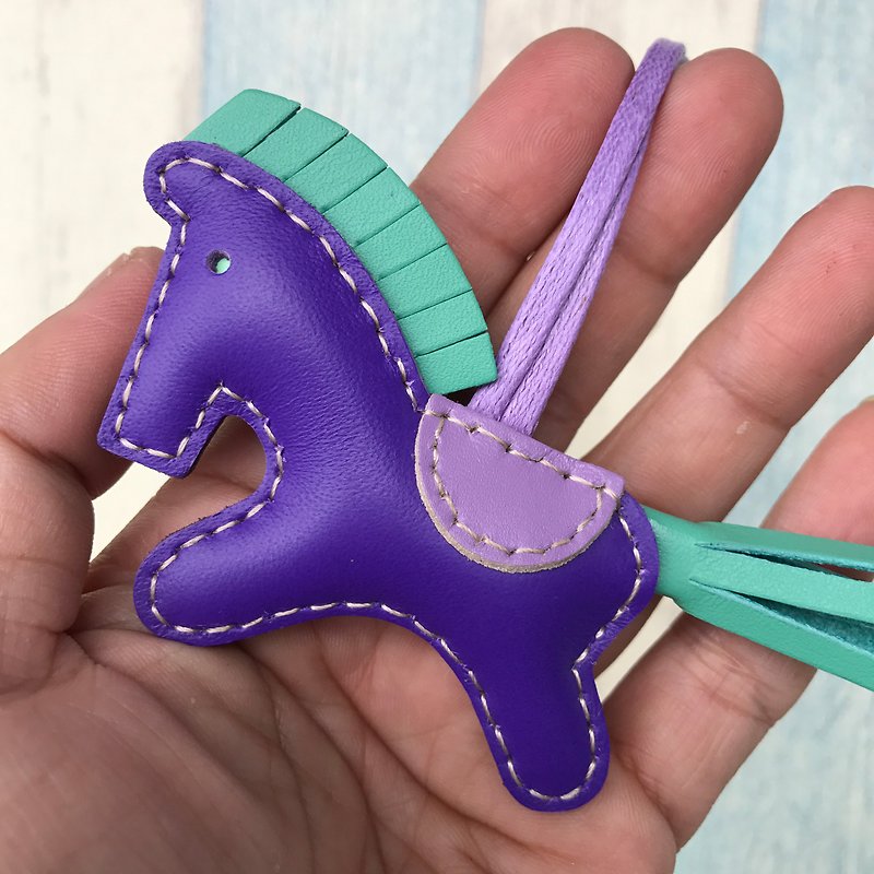 Healing small things dark purple cute pony handmade sewing leather charm small size - พวงกุญแจ - หนังแท้ สีม่วง
