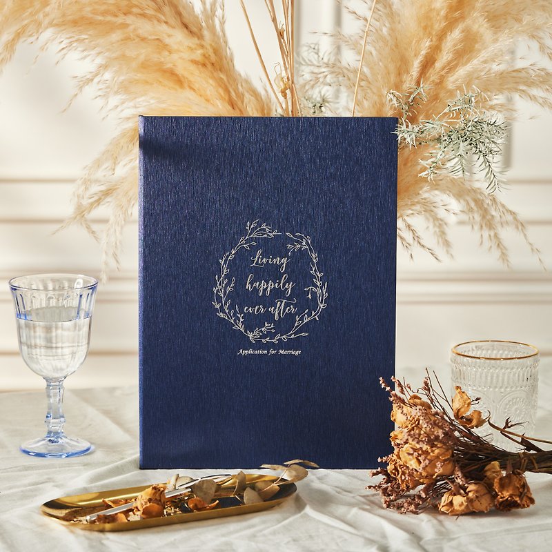 Flowers in the morning and evening - indigo-dyed satin hardcover wedding booklet holder + optional hot stamping booklet - Marriage Contracts - Paper Blue