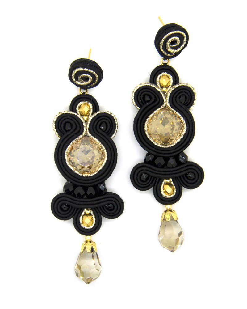 Earrings Drop earrings with Swarovski stones in black and gold colorChristmas Gi - 耳環/耳夾/耳骨夾 - 其他材質 黑色