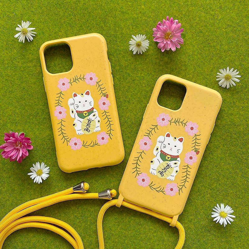 Eco Friendly iPhone Case // Lucky Cat // Custom Name Print // Neck Strap - เคส/ซองมือถือ - วัสดุอีโค สีเหลือง