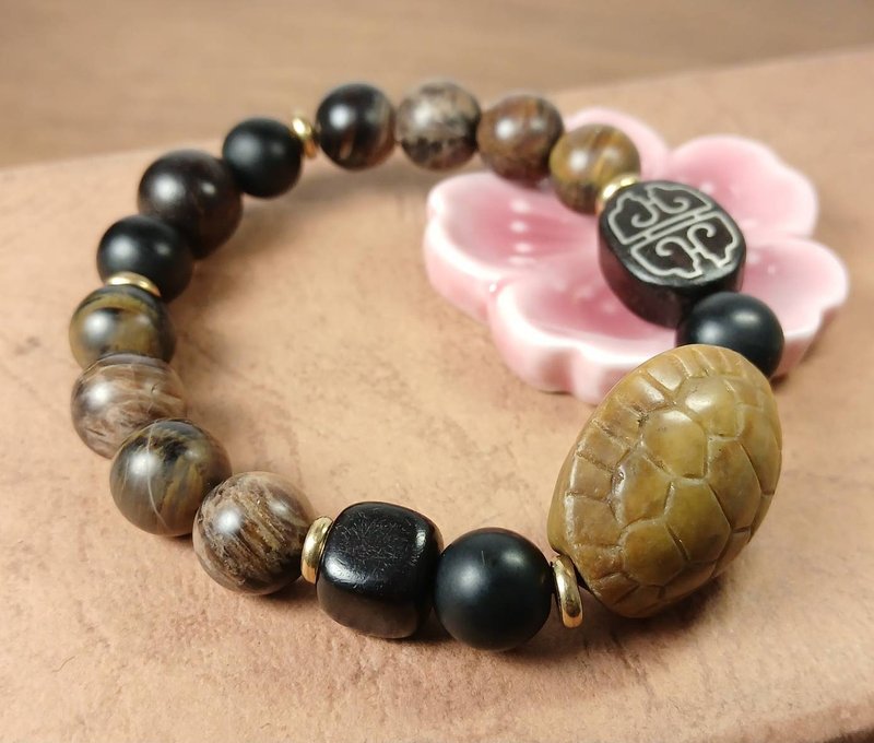 New Year Gift|Beads Carved Bracelet Turtle Shell Honey Burmese Jade + Wooden Jade/Rich Shell Turtle - Bracelets - Jade Yellow