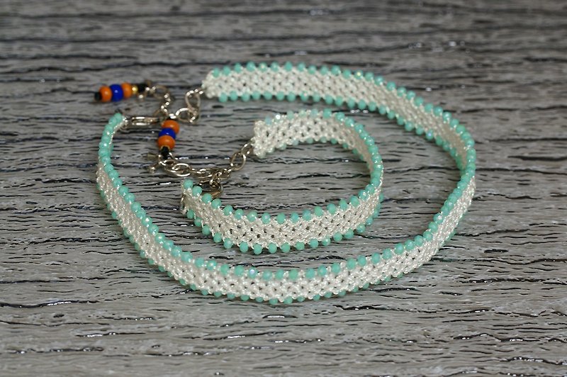 手鈎金属線短頸錬+手鍊套裝  ( Hand crocheted set of crystal beads choker + beads bracelet ) - 手鍊/手鐲 - 繡線 