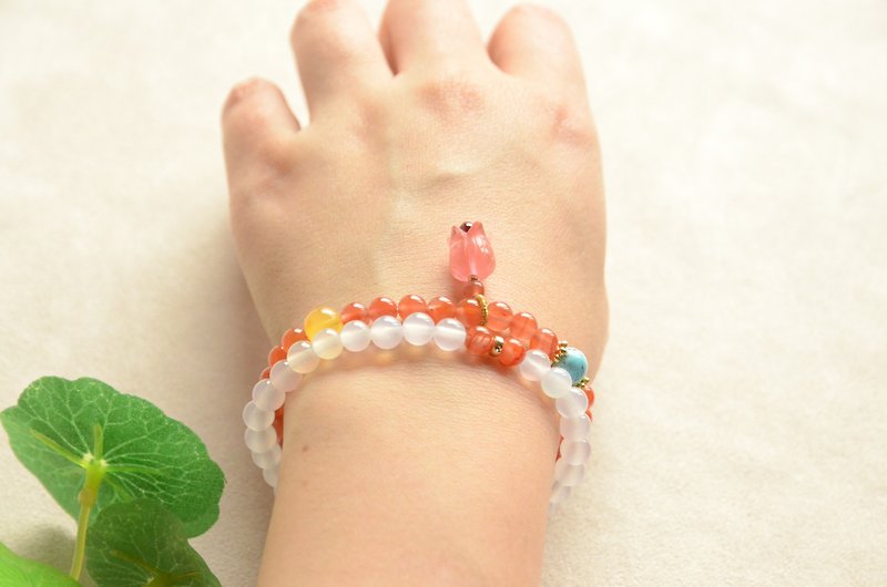 [First bloom] Natural South Red Cherry Red Lychee Jelly Two-color Double Circle Lily of the Orchid Bracelet Bracelet Turquoise - Bracelets - Gemstone 