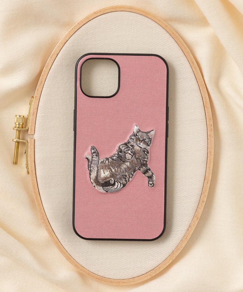 3D Embroidery Smartphone Case iPhone 13 PRO PU Leather Cat x Smoke Pink - Phone Cases - Polyester Multicolor