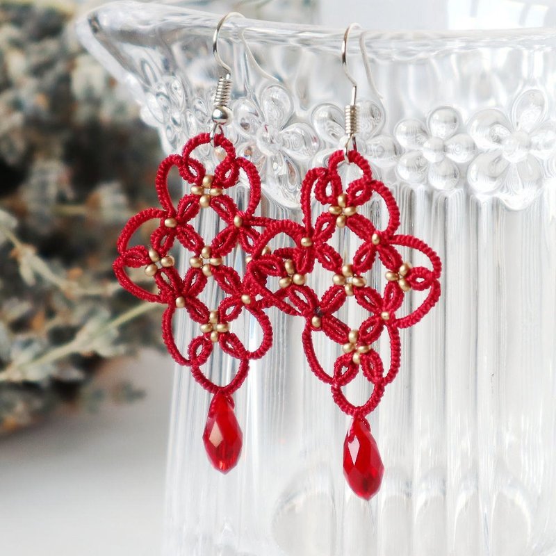 OYA Tatting lace Earrings【ARABESQUE】Baghdad red - Earrings & Clip-ons - Other Man-Made Fibers Red