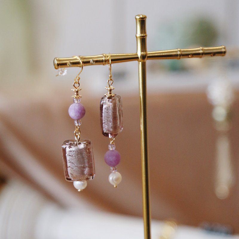 Lovers VI Major Arcana Silver Foil Glazed Amethyst Asymmetric Earrings - Earrings & Clip-ons - Glass Purple