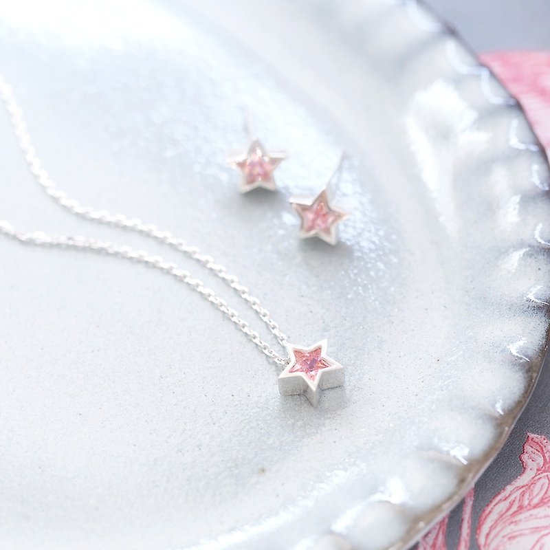 2 pieces set) Pink Star Necklace Earrings Set Silver 925