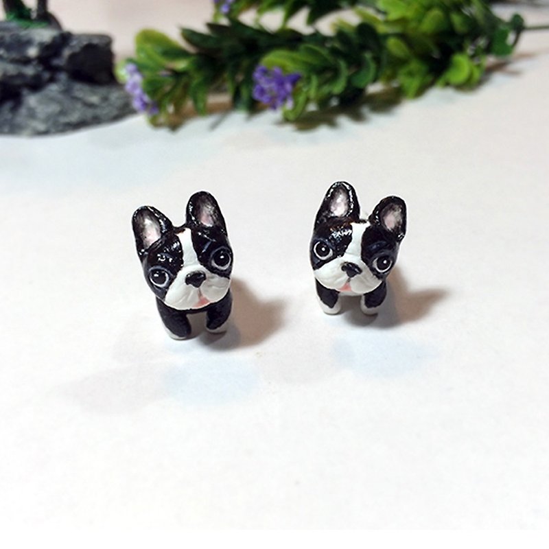 Tuxedo French Bulldog Earrings, Gauge & Plug Earrings, Two Piece Earrings - 耳環/耳夾 - 黏土 黑色
