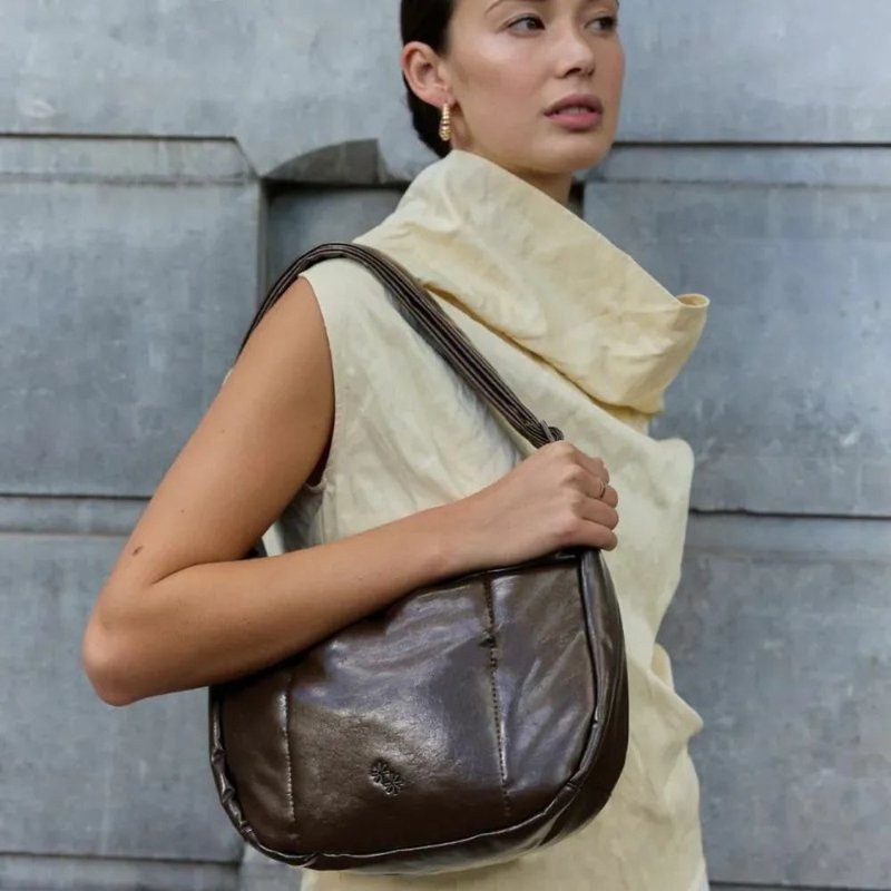 The Paper Bunny | Puffer Swing Shoulder Bag - Leather Espresso - Messenger Bags & Sling Bags - Faux Leather Brown