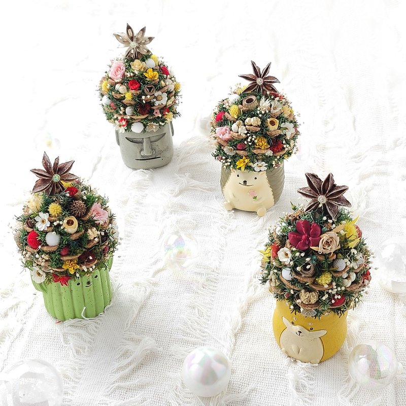 Animal-shaped mini immortal pinecone Christmas tree ornaments-cat/Shiba Inu/unicorn/hedgehog/moai - ช่อดอกไม้แห้ง - พืช/ดอกไม้ ขาว