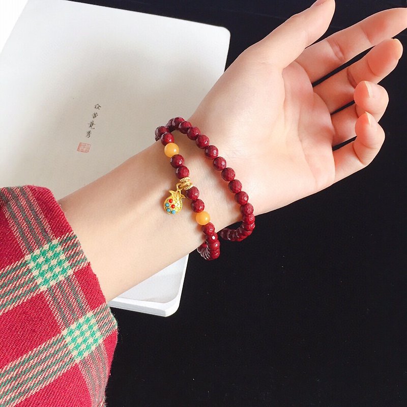 Natural raw ore cinnabar purple gold sand face bead bracelet more than 95% of cinnabar content invigorating blood and beautifying Tai Sui - Bracelets - Gemstone 