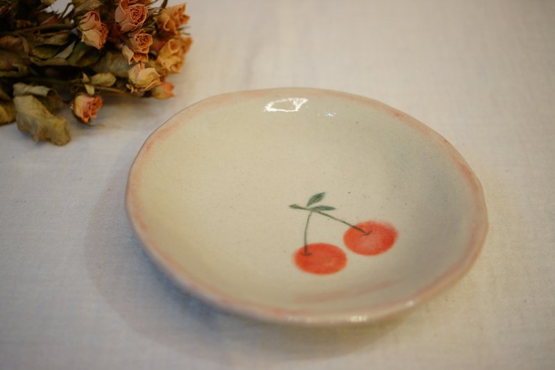 Handcrafted Cherry Pattern Ceramic Plate, Ø13.5cm cake plate - จานและถาด - ดินเผา ขาว