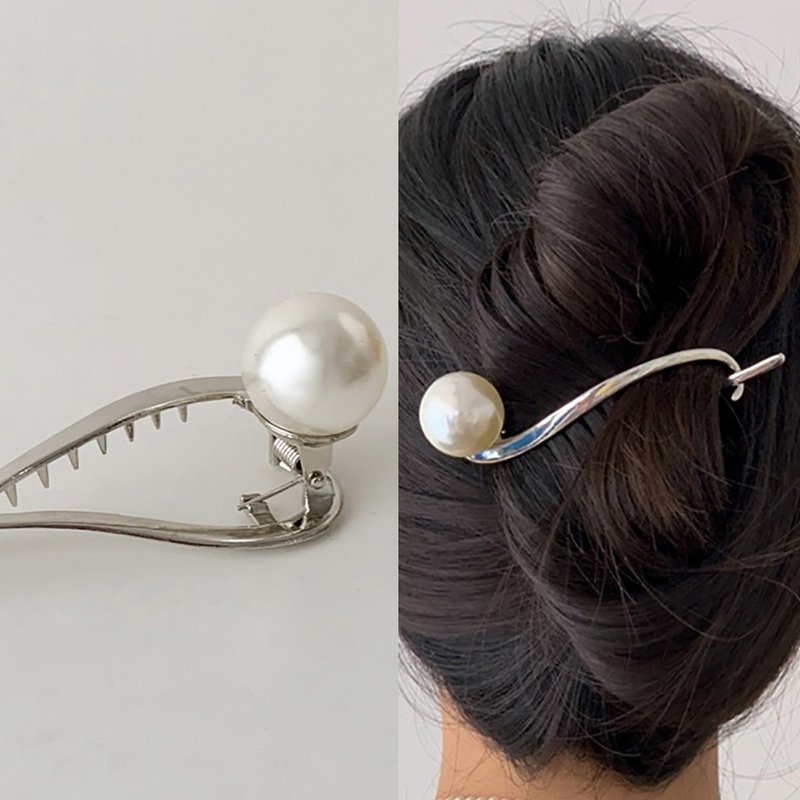 CURVE METAL Big PEARL HAIR CLIP - 髮圈/髮夾 - 棉．麻 銀色