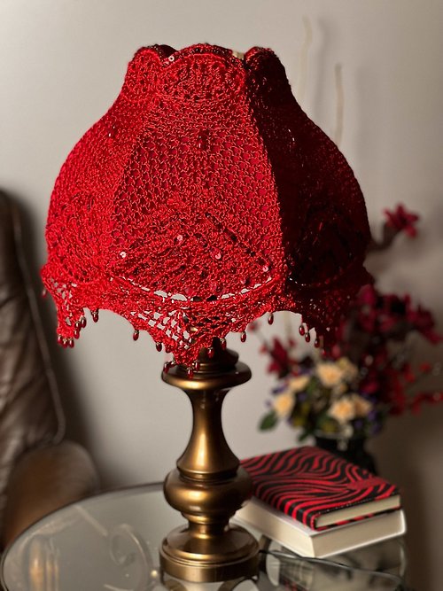 Delight Vintage red table lamp made in the technique of crochet with wood lamp base