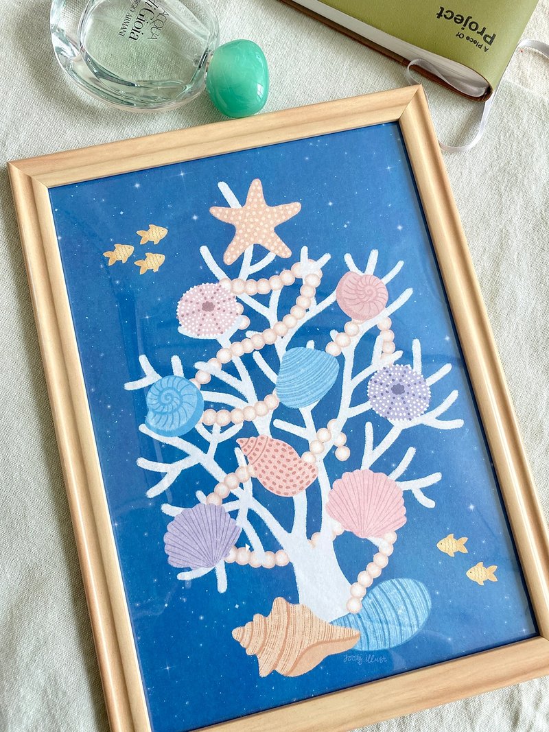 A4 Illustration Poster – Summer Coral Seashell Tree - 海報/掛畫/掛布 - 紙 藍色