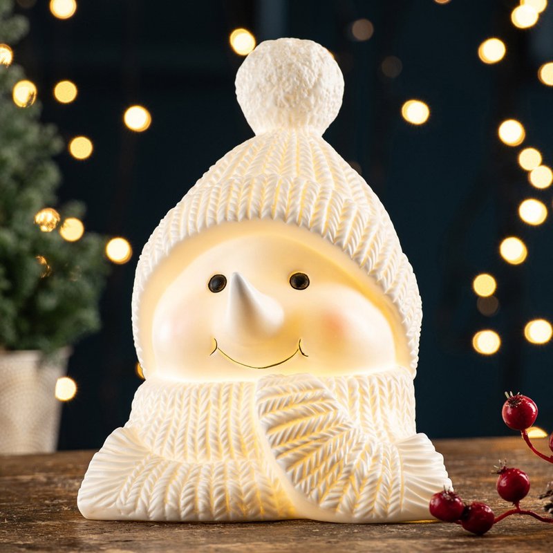 Ireland Belleek Living Christmas Series Snowman Doll Head LED Night Light - โคมไฟ - เครื่องลายคราม สีแดง