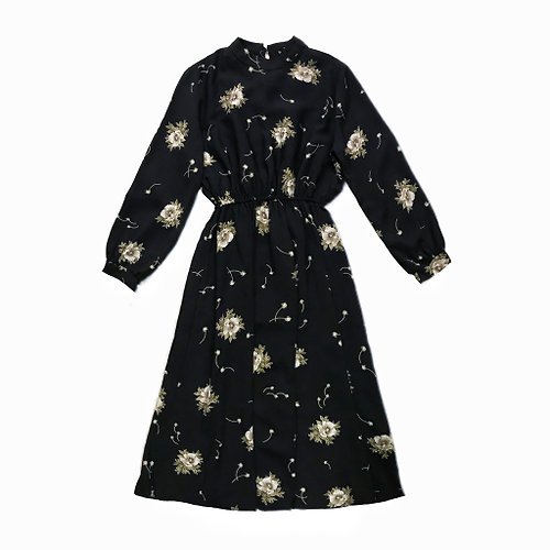 HeadxLover 愛頭牌古著店 Vintage Japan Flower Black Dress 古著日本花朵圖騰黑色底洋裝
