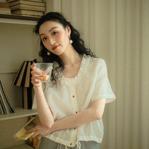 AnneChen安妮陳原創設計師品牌 安妮陳100亞麻木耳領襯衫 女夏新款高階感小個子減齡氣質寬松上衣