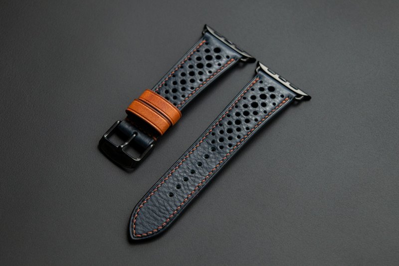 Apple Watch Band in Racing style of Minerva Box leather in Navy Blue color (MTO) - 錶帶 - 真皮 藍色