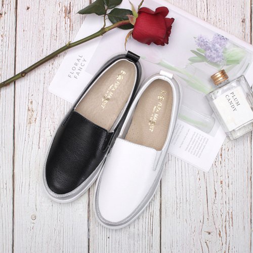 富發牌古著鞋 FUFASHOES 真皮雙色拼接懶人鞋-黑/白 1DH002