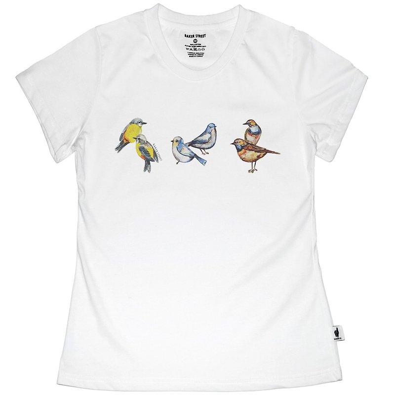 British Fashion Brand -Baker Street- Birds Printed T-shirt - Women's T-Shirts - Cotton & Hemp White