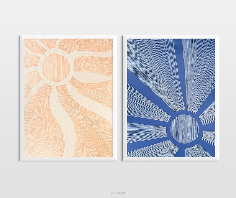2つのオリジナル線画アートワークのセット黄色と青の抽象的な太陽の月のアート