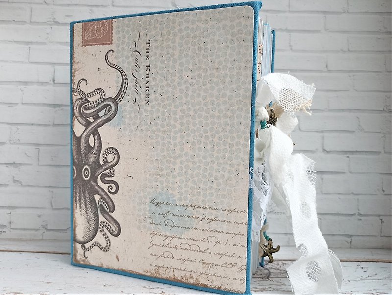 タコのジャンクジャーナル手作りの巨大な厚い海のレースのジャンクブック手作りのノート - ノート・手帳 - 紙 ブルー
