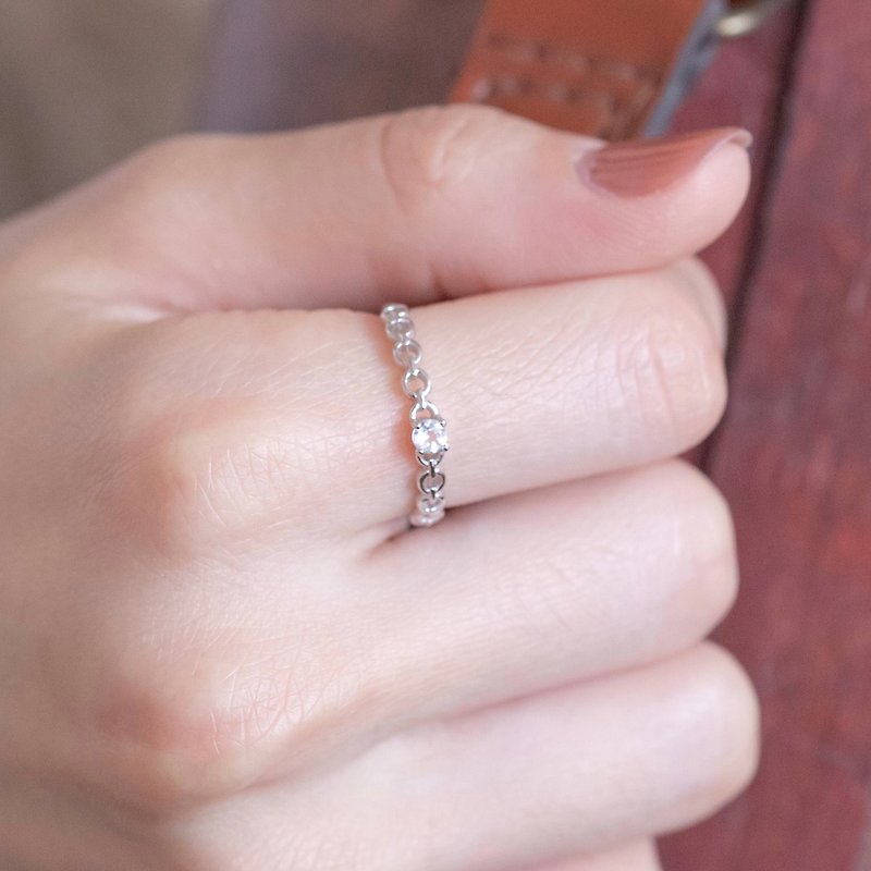 白水晶925純銀相鏈相戀細鏈條戒指 可調式戒指 - 戒指 - 寶石 銀色