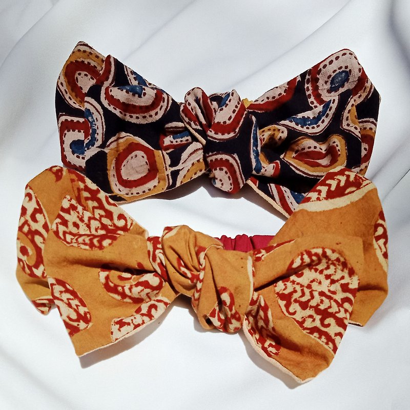 Brown Black Red indian cotton wooden block printing ribbon hairband - ヘアバンド．カチューシャ - コットン・麻 多色